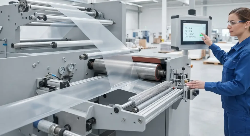 solventless film laminating machine running a flexible packaging film