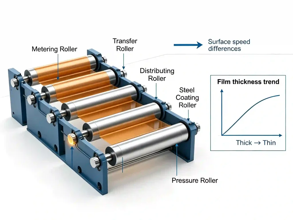 five-roller system working process